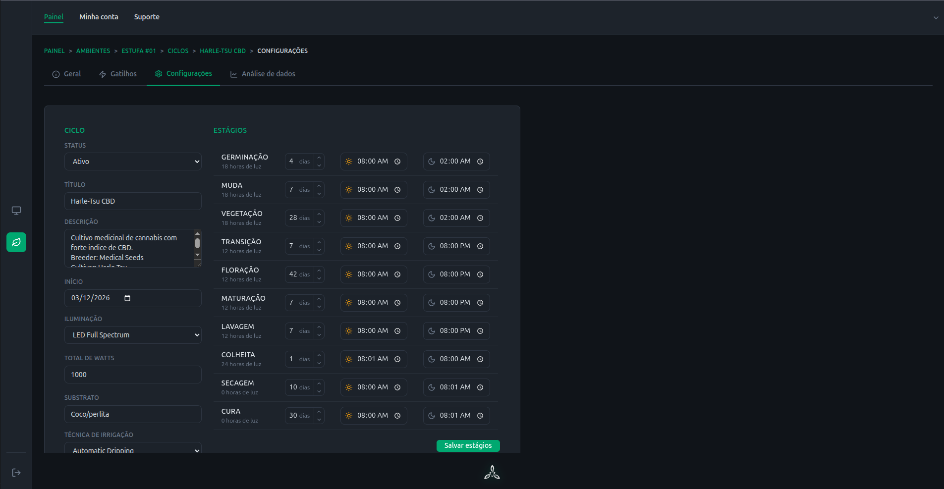 Configuração de ciclo no Growbot Brain