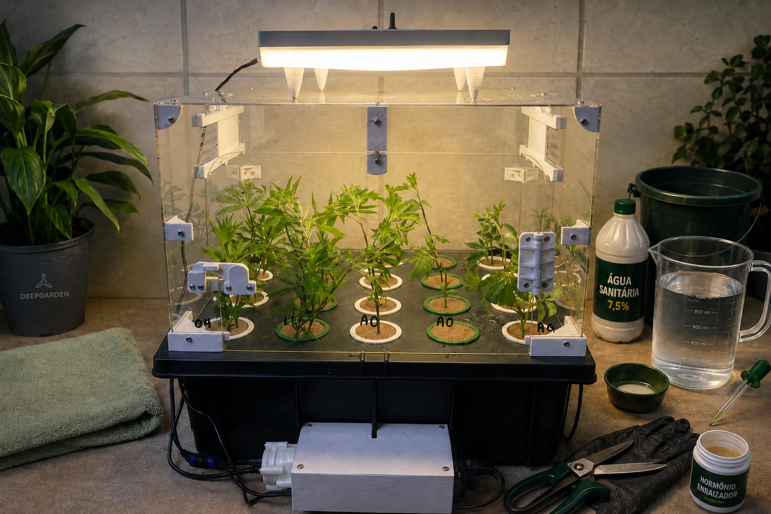 Estacas saudáveis sendo preparadas para clonagem em um aeroclonador Deep Garden