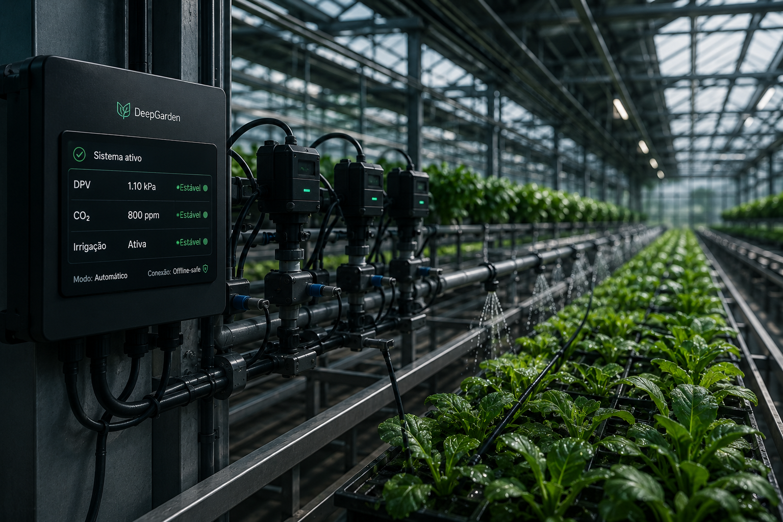 Infraestrutura de estufa com irrigação e clima ajustados automaticamente